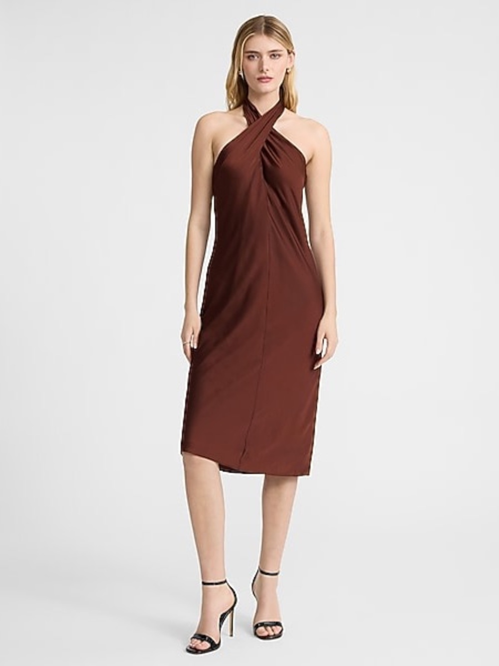Express One-Shoulder Twist Midi Dress in Chocolate Brown